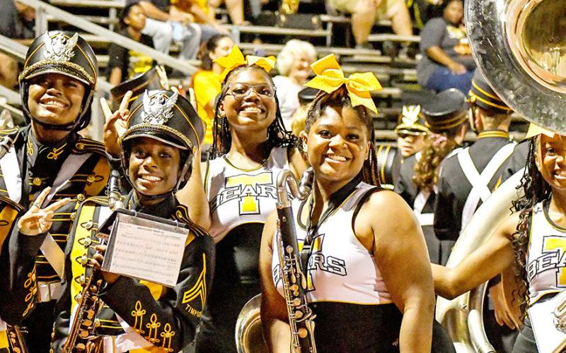 Members of the Timpson band take a moment to show their school spirit during the Bears’ game against the Palestine Westwood Panthers last Friday night. Aylee Crow | Timpson ISD Student Media Intern