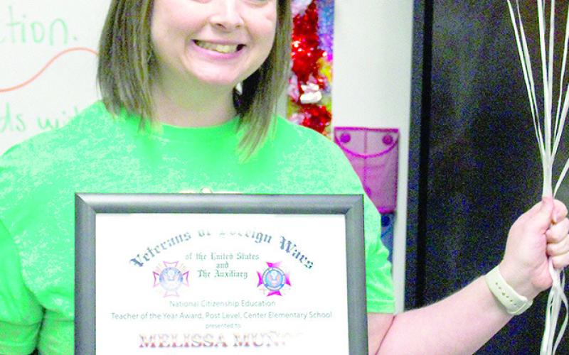 Center Elementary School’s fourth grade teacher, Melissa Muñoz, was awarded and honored as Post Teacher of the Year by the Veterans of Foreign Wars (VFW) Post 8904 last week. Shannon James | The Light and Champion
