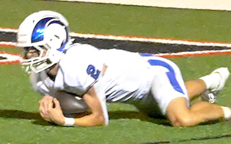 Cooper Bragg lays out to get his hands under the ball in the end zone during the Joaquin Rams’ game against San Augustine last week. The Rams came up short by a score of 28-21. Kelsi Wood | JHS