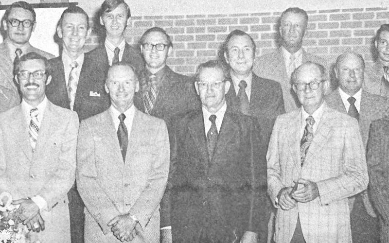 CENTER CHAMBER OF COMMERCE DIRECTORS FOR NEW YEAR: Front row, left to right, Jimmy Parker, Vance Payne, David Weaver, L.C. Hufferd, M.L. Bussey and Bobby Windham. Back row, left to right, Sammy Dance, McNeil Moore, Jr., Ed Kennon, Buster Bounds, Richard Prince, Dr. V.M. Mathews, Mitchell Jetton, Jack Bell, Bobby Pinkston, and Luke Motley III. Staffoto