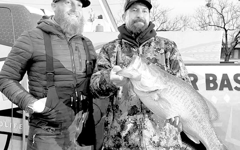 Charles Roberts (right) of Trinity with first Legacy Lunker of 2026. Roberts caught the 13.75 pounder in the company of veteran O.H. Ivie fishing guide Brady Stanford of Midland. Courtesy Photo, Brady Stanford