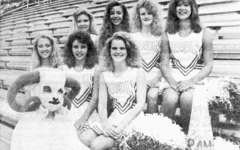 JOAQUIN CHEERLEADERS - Leading cheers for the Joaquin Rams for the 1992 football season was the high school cheerleading squad, along with mascot, sophomore Jennifer Britt. Members of the squad were (front) Amber Jones, Karen Fulmer and Kelly Blount, all sophomores; and (back row, from left) freshmen Casey Lawson and Hollie Scruggs, sophomore Penny Owens and freshman Cortney Harvey. Not pictured is sophomore April Kyle. (Staff photo by Lois Cooper)