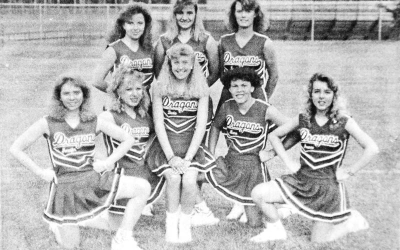 SHELBYVILLE VARSITY CHEERLEADERS – The 1989 varsity cheerleaders at Shelbyville are (front row, from left) Jennifer Schillings, Ramona Moore, Darla Bradshaw, Rena Lout, Jeanne Bailey; (back row) Angela Grubbs, Anjanette Fanguy and Lorei Williford.