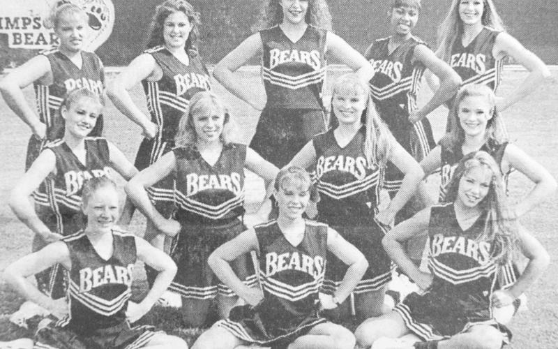 Leading cheers for the Timpson High School Bears this year are (not in order pictured) varsity cheerleaders Kristy Steffens, head cheerleader, Linsey Askins, Kim Stockberger, Donna Rhodes and Casey Head, all juniors; Dustin Miller, Kayce Pierce, Caira Osby and Stephanie Youngblood, sophomores; and freshmen Courtney Bush, Christy Davis and Kelli Rhodes.