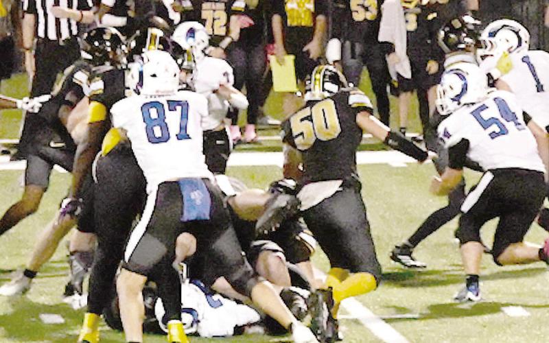 Bears and Rams players battle for supremacy of the line of scrimmage during their tilt last Friday that ultimately saw Joaquin pull off an 18-12 win. Kelsi Wood | JHS