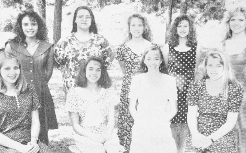 Recently selected to serve as cheerleaders at Joaquin High School for the 1994-95 school year are: (seated, from left) Amber Jones, Haley Hearnsberger, Hollie Scruggs and Krissy Kilpatrick; and (standing, from left) Karen Fulmer, Talene Williard (mascot), Kim Crawford, Traci Lawrence and Casey Lawson.