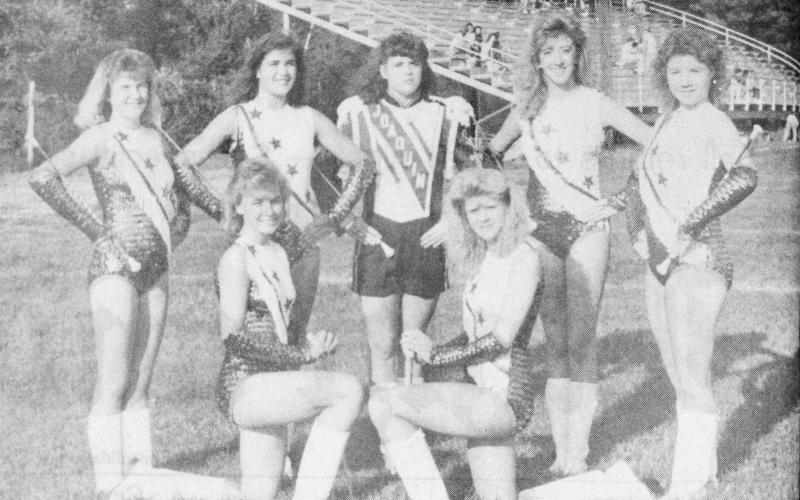 The 1988 Joaquin twirlers include (kneeling, front row) Mandy Pierce and Jen Wood. Also (standing, from left) Jennifer Strong, Jeanine Lowe (head twirler), Dorenda Blount (drum major), Christi Kay and Vanessa Ferrell.