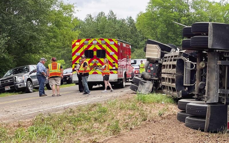 The JVFD assisted at the scene of an 18-wheeler rollover on FM 139 Tuesday July 11.The driver was airlifted to the hospital after the JVFD set up a landing zone at the baseball field. (JVFD photo)