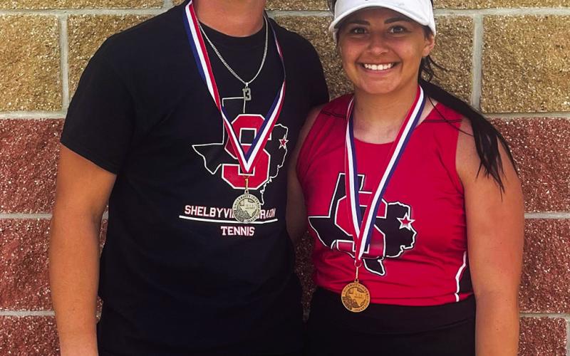 The Shelbyville Dragons competed at the district tennis meet Friday, March 31 in boy’s and girl’s singles. Tim Mason (left) finished second in boys singles and will advance to regionals. Avery Faulkner (right) finished third in girl’s singles. “Both student athletes worked hard, and we are proud of their efforts. Go Dragons,” said Jerred Wallace, Shelbyville ISD Athletic Director and Head Football Coach. (Submitted Photo)
