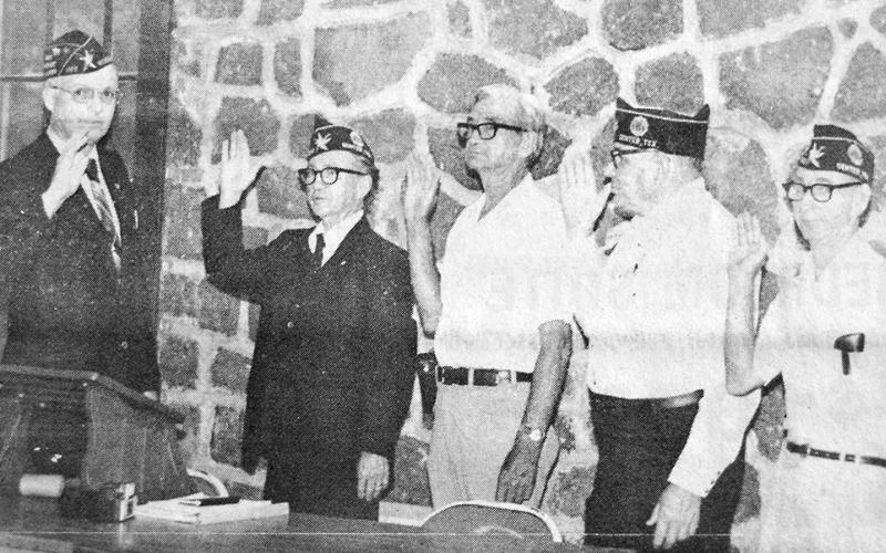 Officers of the Norman G. Crocker American Legion Post No. 541 were installed Monday evening in Center’s Legion hall. From left to right are Jim Holley, installing officer, Milton Wilkinson, Commander, Vernon Bartle, First Vice-Commander, B.J. Stephenson, Second Vice-Commander, and Joe Campbell, Sgt. At Arms. Not present for the installation were Charles Price, Chaplain, Polk Burns, WWI Service Officer, and Bob McDonald, Post Adjutant.