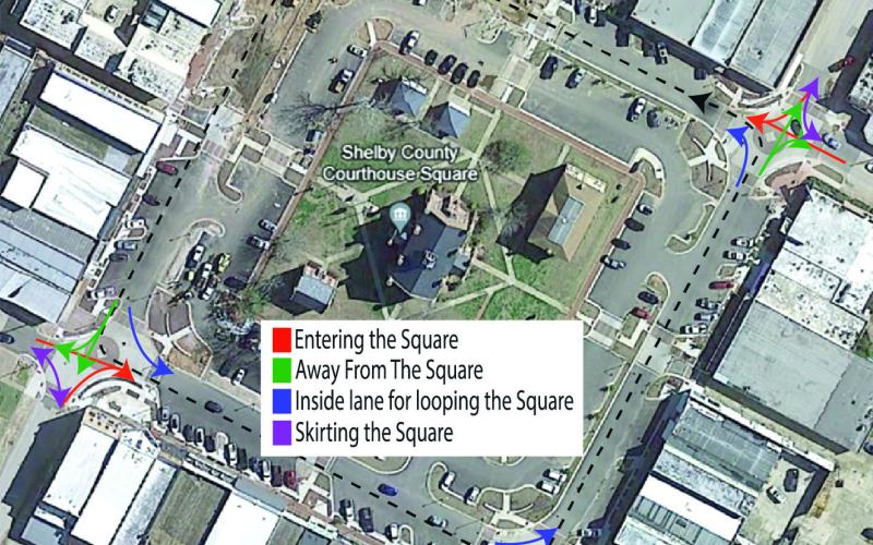 The Shelby County Courthouse Square as seen by Google Earth with added driving directions.
