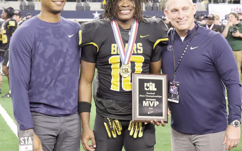 Named Most Valuable Player for the Bears offense is #10 Terry Bussey being presented the UIL award in Arlington, Texas. Tolar Bragg | The Light and Champion
