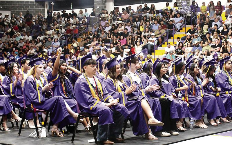 Center High School 2026 graduates react during their graduation ceremony held last Friday night, May 22. The event had to be moved into the coliseum due to rainy weather, but that did not dampen their excitement and enthusiasm for their milestone achievement. Joaquin, Shelbyville and Tenaha also held their graduation ceremonies the same night with Timpson’s scheduled for tomorrow night. See the back page for more graduation pictures. Sarah Barton CHS | Light and Champion