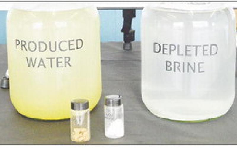 The Mariana lithium extraction plant will take produced water (left) it receives from Select Water and after processing will wind up with powdered lithium (small bottle, right). Impurities extracted from the water will be form barium cakes (small bottle, left) which will be disposed of. The leftover brine water (right) will then be injected underground. David Danley | Light and Champion