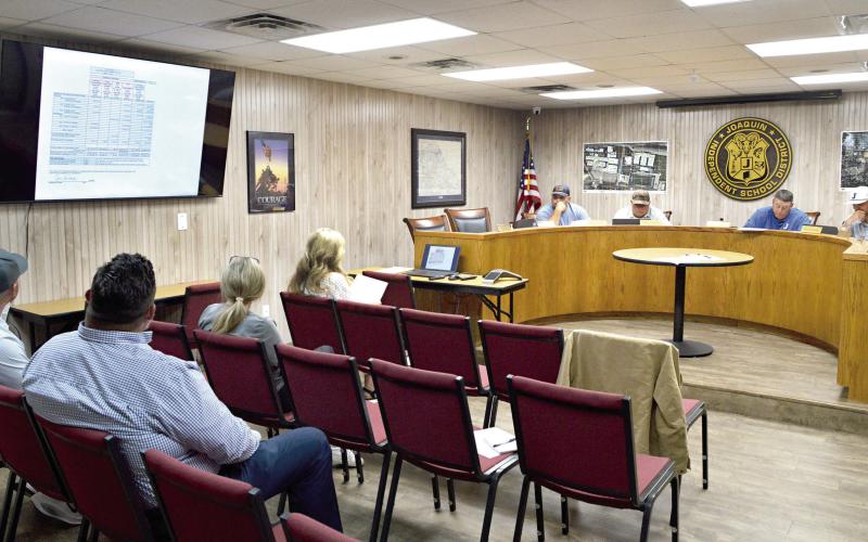 The Joaquin ISD board of trustees reviews the monthly bills at its June meeting on Monday. David Danley | Light and Champion