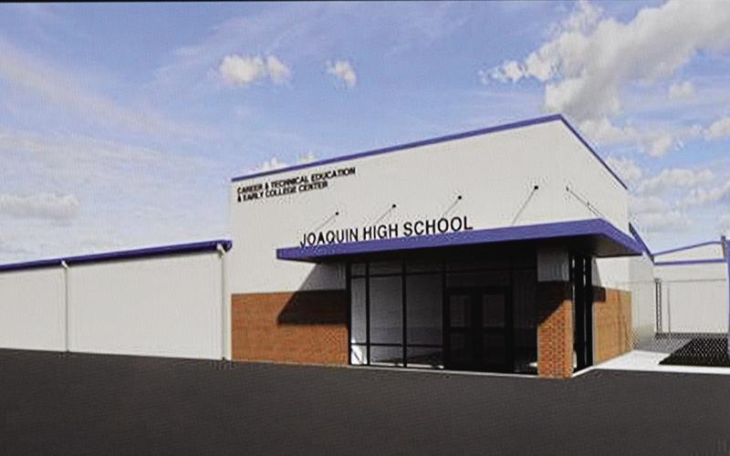 An architect’s rendering of the exterior of Joaquin ISD’s proposed Career &amp;amp; Technical Education &amp;amp; Early College Center. David Danley | Light and Champion