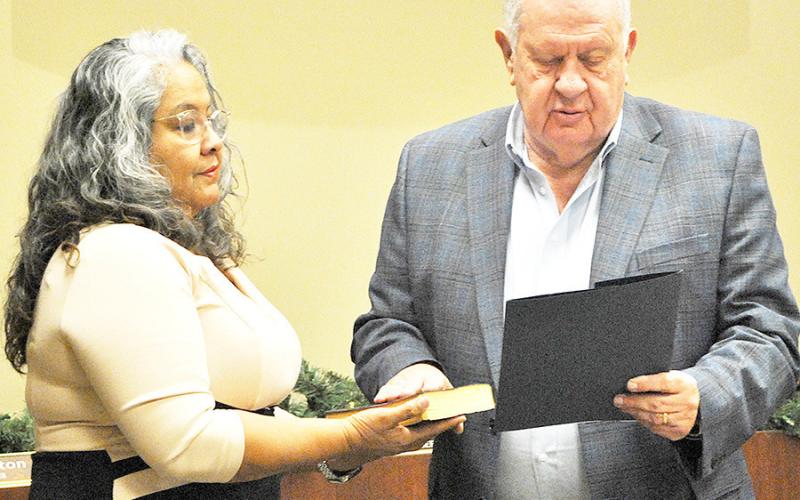 Mayor David Chadwick is sworn in by City Secretary Esther Elizondo at the Center city council meeting Dec. 8. Chadwick, running as an incumbent, was unopposed. Zack Clark | Light and Champion