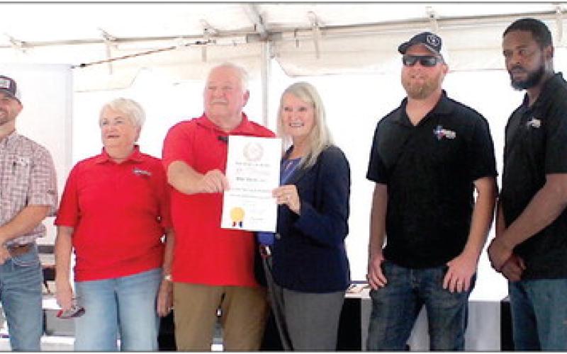BRK Meats LLC team pictured (left to right) Jaime Tatum, Director of Communication; Cam Barton, BRK Meats Director of Procurement; Barbara and Bobby Vice, BRK Meats owners; Betty Russo, Gulf Coast/East Texas Regional Representative at Office of the Governor; Clay Tatum, BRK Meats Director of Operations; Marvin Brakefield, BRK Meats Director of Production; and Tenaha Mayor O’Neal Jones. (Shannon James photo/The Light and Champion)