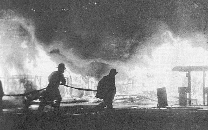A 3:30 a.m. Thursday fire of unknown origin destroyed the Happy Trails Lodge at Huxley. Smoke from the blaze was first noticed by Mr. and Mrs. Glen Rogers of Bethany, La. who were guests at the motel. Fire departments from Huxley, Center and Joaquin were called to the scene, but by the time they arrived the 10-unit motel was virtually engulfed in flame. Dave Selvy, owner of the lodge since purchasing it from Doyle Watson, said no one has been able to figure out exactly what caused the fire.