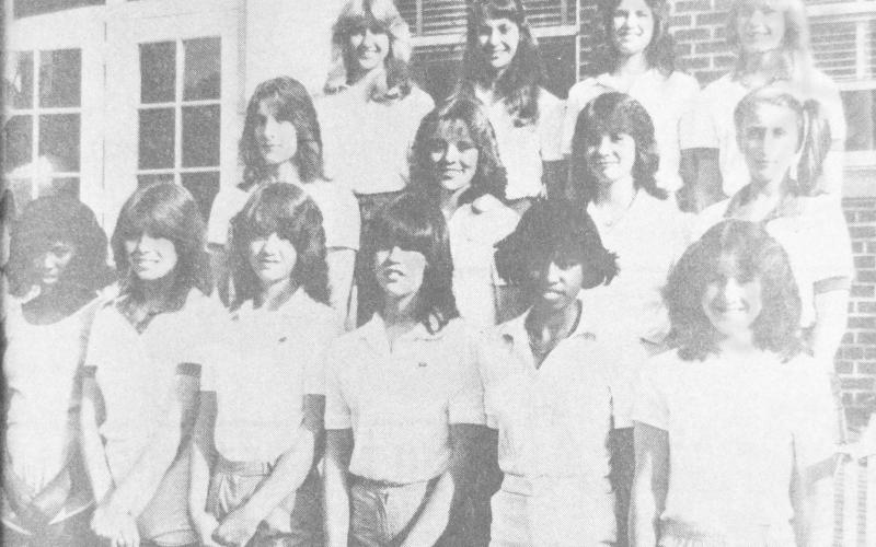 CENTER HIGH SCHOOL CHEERLEADERS-have been elected for the 1982-83 school year. In the front row, the junior varsity cheerleaders are (l-r) Daphne McCollester, LaResa Anthony, Jessica Mercer, Cindy Yarborough, Teresa Harper and Angie Payne. Varsity cheerleaders are (second row, l-r) Judy Hibbard, Rene McAda, Julie Wingo, Beverly Windham, (third row) Susan Hughes, Sandi Owens, Rusty Duke and Kim Liem.