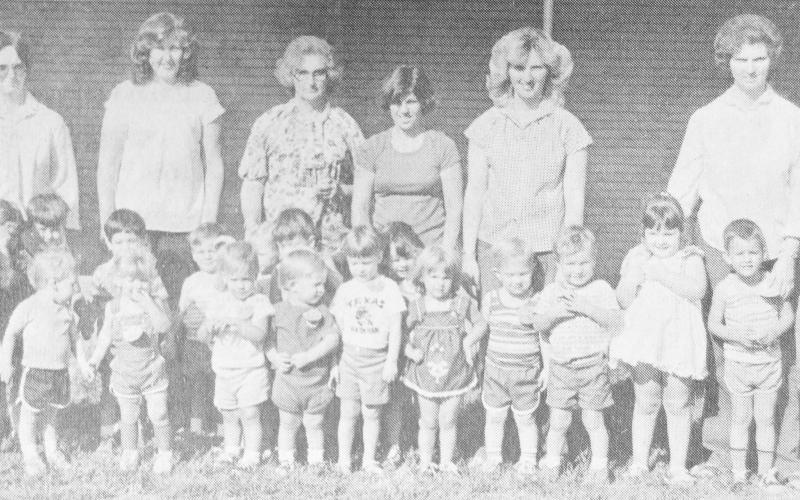 TWO- AND THREE-YEAR-OLDS -Members of the youngest class at Tenaha’s First Baptist Church Vacation Bible School last week were Bill Anderson, Krissy Kilpatrick, Beth Farr, Josh Childress, Emily Barton, Kelley Ballard, Lee Baker, Chad Christian, Angela Christian, Marcus Horton, Mandy Baker, Amy Agnew, Bryan Chadwick, Todd Davis, Spencer Crawford, Jason Pitts, Carl Cropp and Jennifer Cropp. Teachers were Jan Dial, Linda Terry, Cristi Baker, Mildred Roberson, Carol Ann Kilpatrick and Charlsie Thompson.