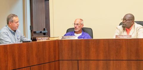 Councilmen Dr. Randy Collard (middle) and Tracy Bolton listen while Center City Manager Chad Nehring (left) updates the council on happenings in the city of Center. David Danley | Light and Champion