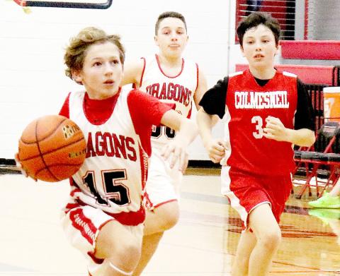 Peyton Jacobs drives upcourt against Colmesneil in the Shelbyville 7th grade boys game. Shelbyville won the game 41-7.
