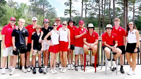 Shelbyville High School Golf Team (left to right) Coach Mick Murry, Hunter Harvey, Rylan Barbee, Dalton Shields, Kaden Baldwin, Lillian Haley, Addison Lloyd, Cole Riggs, Jaxon Raymond, Tucker Harbison, Dallas Murry, Bryant Scarborough, Gus Duvon, and Coach Gina Jones. Submitted | Light and Champion