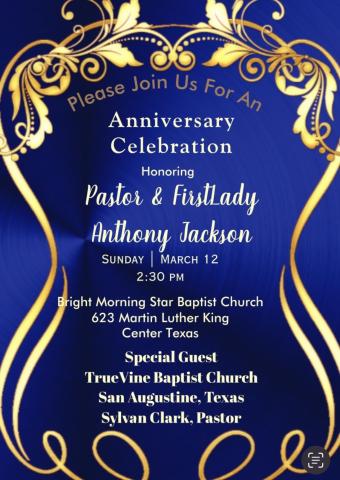 An Anniversary Celebration for Bright Morning Star First Baptist Pastor and First Lady is coming up on March 12. 