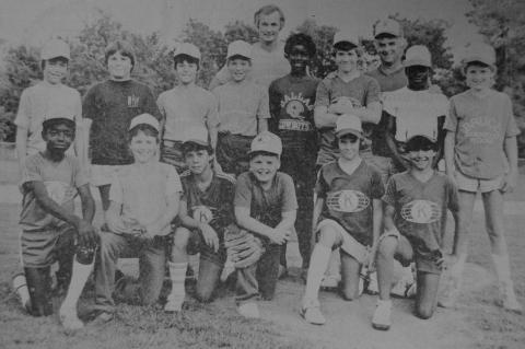 A-Ball All Stars: Representing Center are: (left to right front) Wayne Bennett, Jason Snider, Joel Porter, Jody Matthews, Brandon Bennett and Vic Cooper, Jr. Back row are: Chad Burrows, Jason Cummings, Michael Dawson, Brandon Hardy, Devon Hubbard, Brent Hughes, Keith McCoy and Josh Payne. Standing behind the boys are their coaches Kenneth Hardy and Vic Cooper, Sr.