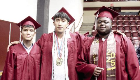 Jovanny Rico, Alexander Rojas and Da’Camerion Reed-Roland celebrate their graduation at Tenaha High School’s 2025 commencement exercises held last month. Submitted | Light and Champion