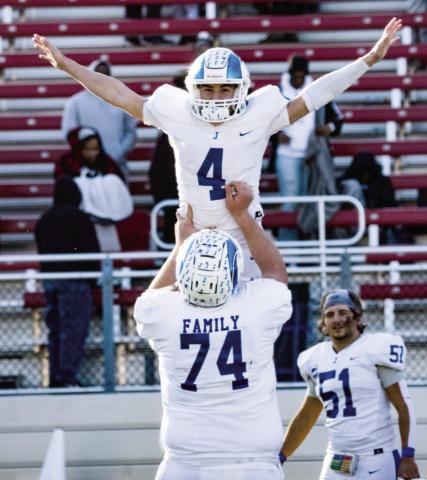 The Joaquin Rams in celebration after the victory over the Shelbyville Dragons to advance in the 2024 UIL State Playoffs. Next up is Honey Grove. Lister Publishing | Light and Champion