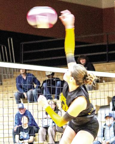 Timpson’s Paige Molloy makes a shot at the net in the Lady Bears’ hard fought match against Detroit that saw the Timpson team fall short of advancing to the next round of the playoffs. Savannah Cassell | Timpson ISD Student Media Intern