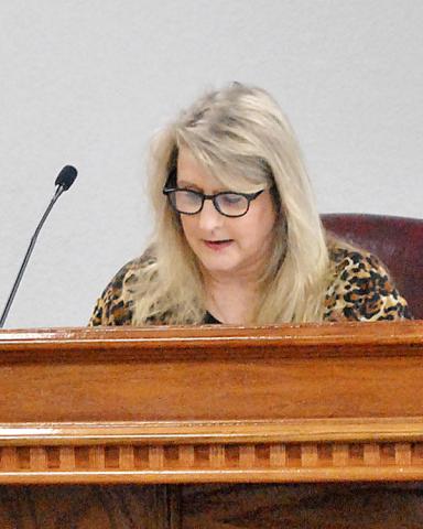 County Judge Allison Harbison presides over the Feb. 25 meeting of the Shelby County Commissioners Court meeting. Lisa White | Light and Champion