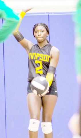 Junior setter Maliah Norris prepares to serve in the Timpson Lady Bears’ match against the Latexo Lady Tigers. Norris helped the team to a win in four sets. Savannah Cassell | Timpson ISD Student Media Intern