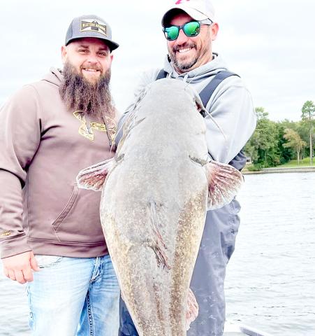 William Oliver of Chandler (right) specializes in putting clients on whopper flathead catfish using a rod and reel. Oliver launched a unique recapture rate tagging study in 2022 that has since yielded some interesting results. He currently has nearly 850 flatheads ranging 12-75 pounds in lakes Tyler and Palestine. Photo Courtesy of William Oliver