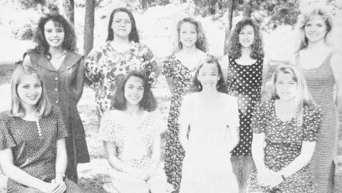 Recently selected to serve as cheerleaders at Joaquin High School for the 1994-95 school year are: (seated, from left) Amber Jones, Haley Hearnsberger, Hollie Scruggs and Krissy Kilpatrick; and (standing, from left) Karen Fulmer, Talene Williard (mascot), Kim Crawford, Traci Lawrence and Casey Lawson.