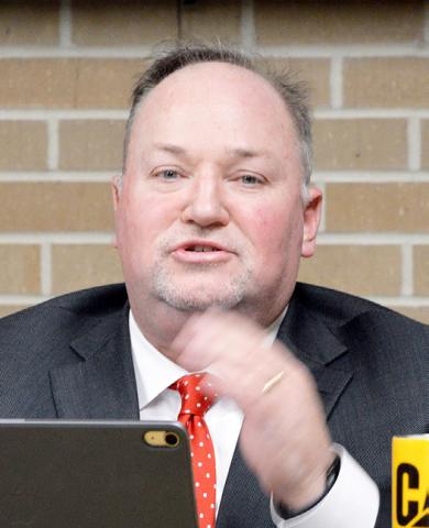 Dr. Terry Everitt, Timpson ISD Superintendent, informs the board of the procedure for canceling voting for the unexpired term on the board in the upcoming May 2 election, as only one candidate had filed for the position. David Danley | Light and Champion