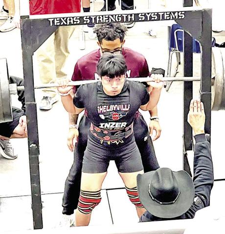 Sergio Reyes, junior at Shelbyville ISD, compet - ed at the State Powerlifting Meet on March 27 in Abilene. Sergio placed 11th in the 181 lb. weight class. He beat his personal best in the Bench Press of 330 lbs. His total at the State meet was 1,330 lbs. SHS Yearbook | Light and Champion