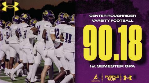 Center Roughrider football team with a great semester in the classroom too. First semester team grade point average of 90.18. Six on the All A Honor Roll and 19 on the A/B Honor Roll. Great job Roughriders.