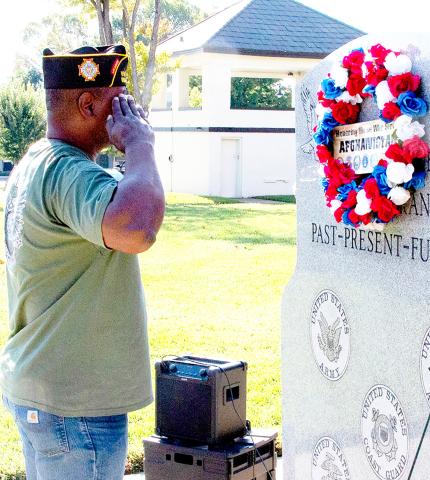 On October 9, 2025 VFW Post 8904 remembered the 24th anniversary of Operation Enduring Freedom and the service and sacrifice of Afghanistan veterans. Two Army veterans from Shelby County were lost in this War on Terror; Sergeant Kevin “Casey” Roberts and Specialist Cory Bertrand. Post Commander Derrick Roberts placed the Memorial Wreath during the ceremony. Submitted | Light and Champion