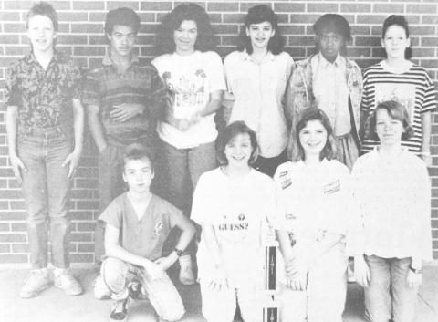 SEVENTH GRADE UIL WINNERS – Center Junior High School students who placed in the recent University Interscholastic League competition at Huntington were (front, from left) Chris Coleman, Amanda Holt, Judy Hawkins and Mary Moore. Also, (standing, from left) Bryan Hanson, Vic Carter, Christi Adams, Shannon Thomas, Angie Jackson and Nancy Wyatt.