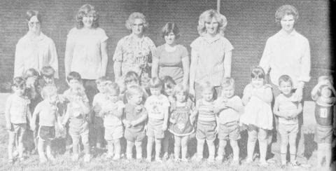 TWO- AND THREE-YEAR-OLDS -Members of the youngest class at Tenaha’s First Baptist Church Vacation Bible School last week were Bill Anderson, Krissy Kilpatrick, Beth Farr, Josh Childress, Emily Barton, Kelley Ballard, Lee Baker, Chad Christian, Angela Christian, Marcus Horton, Mandy Baker, Amy Agnew, Bryan Chadwick, Todd Davis, Spencer Crawford, Jason Pitts, Carl Cropp and Jennifer Cropp. Teachers were Jan Dial, Linda Terry, Cristi Baker, Mildred Roberson, Carol Ann Kilpatrick and Charlsie Thompson.