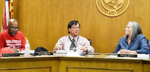 Superintendent Dr. Ray West updates the Shelbyville school board on the district’s improvement plan. David Danley | Light and Champion