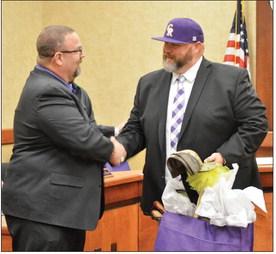 Dr. Brian Morris welcomes Nick Brown as Center ISD’s new athletic director and head football coach. Zack Clark | Light and Champion
